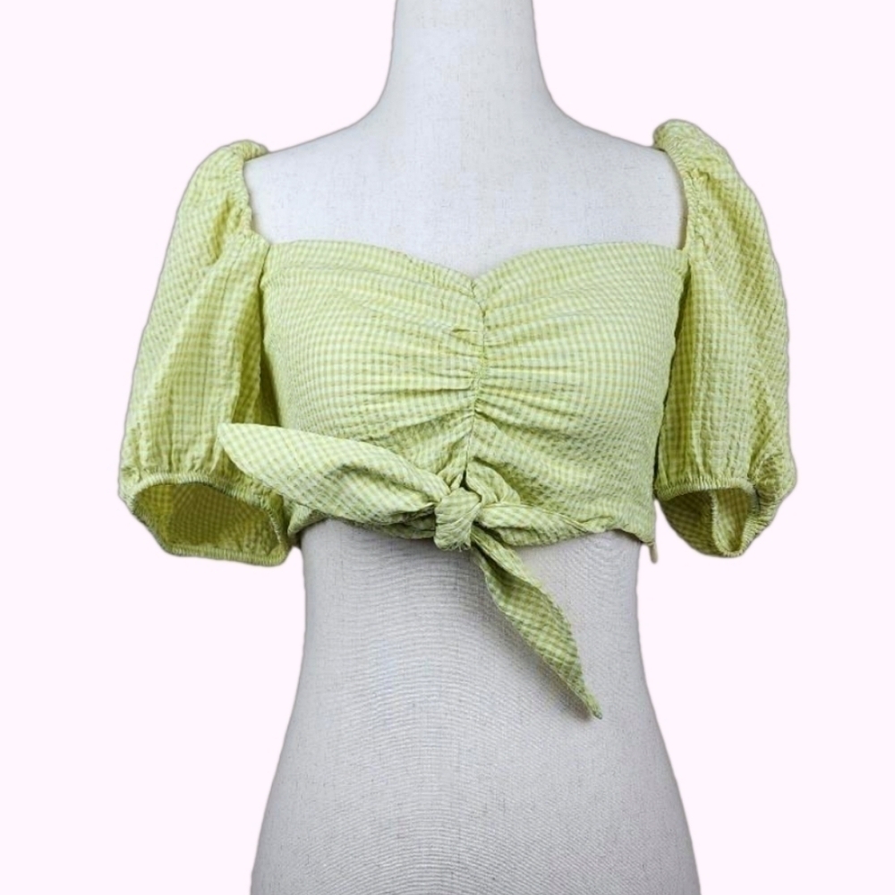 New Zara Gingham Cotton Puff Sleeve Tie Knot Front Smocked Cropped Bra Top Small - Picture 3 of 12